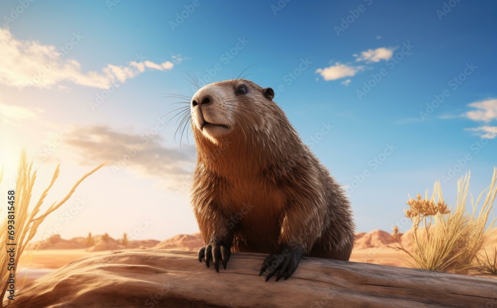 Poster a groundhog is standing on a log in the desert. generative ai.