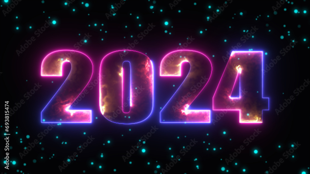 Poster glowing neon text 2024 line and bold light blue neon shining typography with blue particle on black 