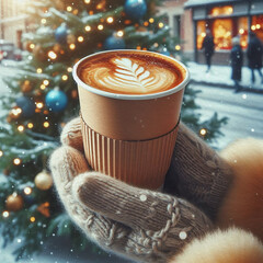 Hands holding a warm cup of coffee against the background of a Christmas tree with lights. Cozy home, atmospheric winter hygge. Woman's hands in mittens and a warm sweater hold a stylish mug under bok