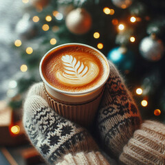 Hands holding a warm cup of coffee against the background of a Christmas tree with lights. Cozy home, atmospheric winter hygge. Woman's hands in mittens and a warm sweater hold a stylish mug under bok