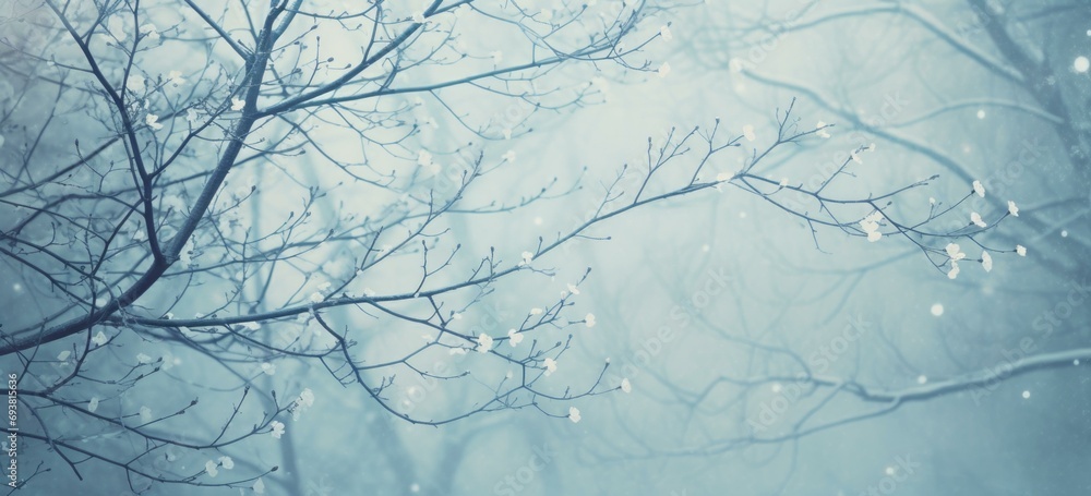 Poster winter scene with snow falling on trees and branches. generative ai.