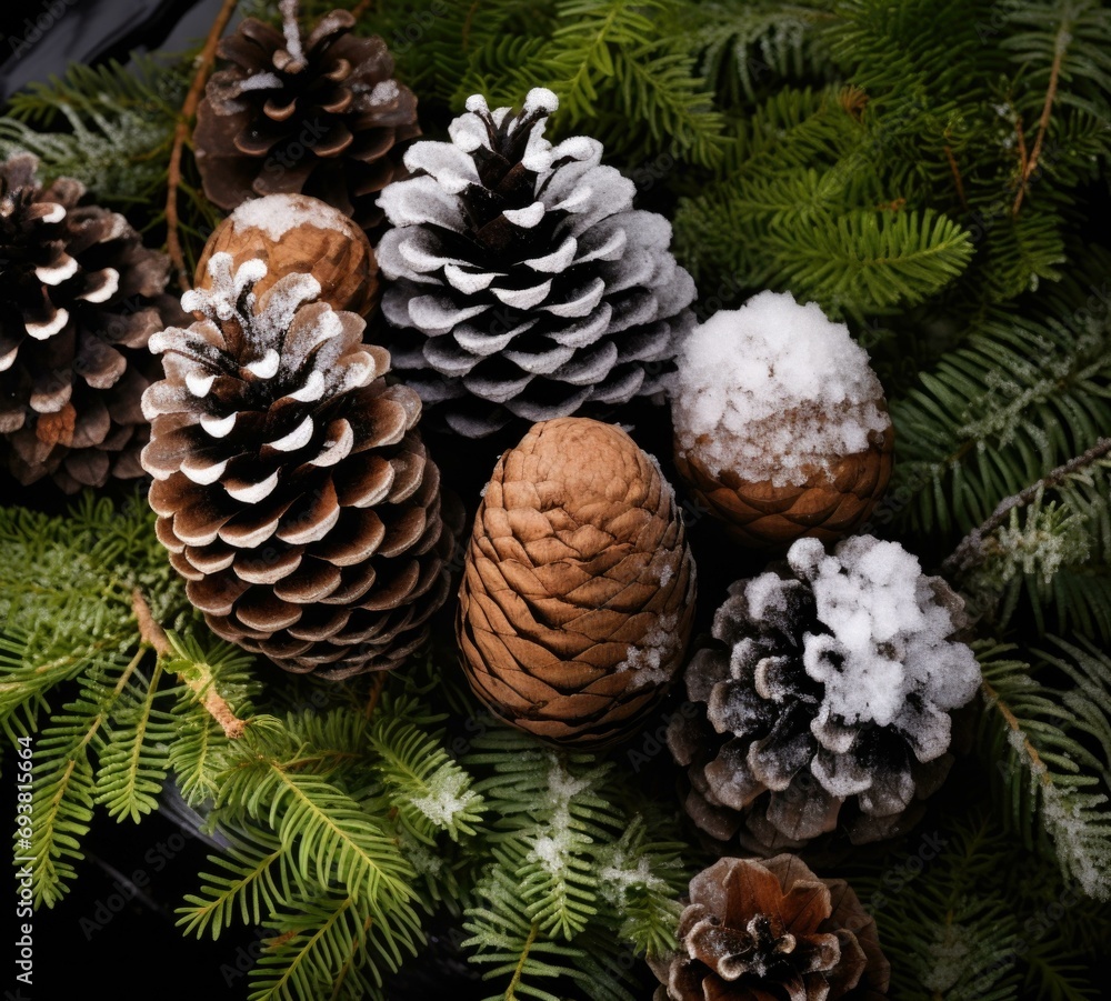 Poster a group of pine cones and fir cones are arranged in a bowl. generative ai.