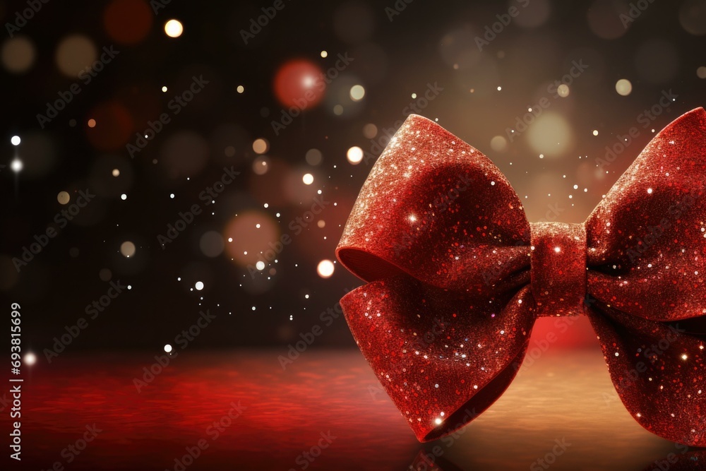 Poster a red bow with sparkles on a dark background. generative ai.