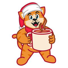 a cat in a Santa hat holding a mug of hot chocolate