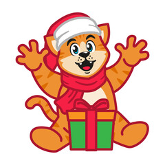 Cute Cat in Christmas Costume with Gift Box