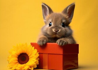 A small brown rabbit with a red gift box and a sunflower. Generative AI.