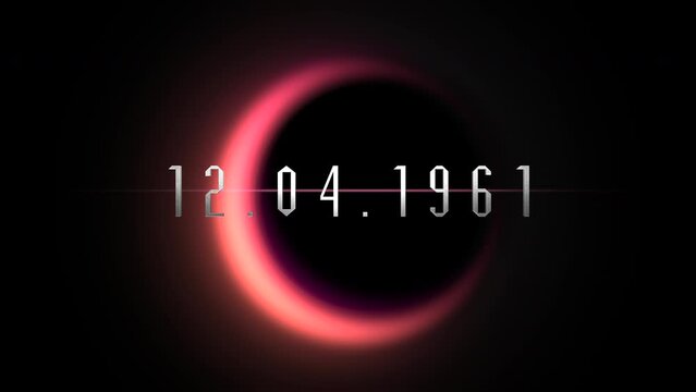 A vibrant, futuristic image showcasing a black and red nebula with the text 12.04.1961 in a sleek font at its center, surrounded by a glowing red ring