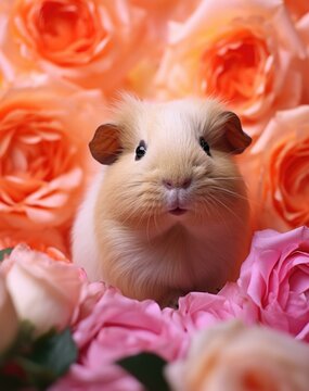 A guinea pig is surrounded by roses. Generative AI.