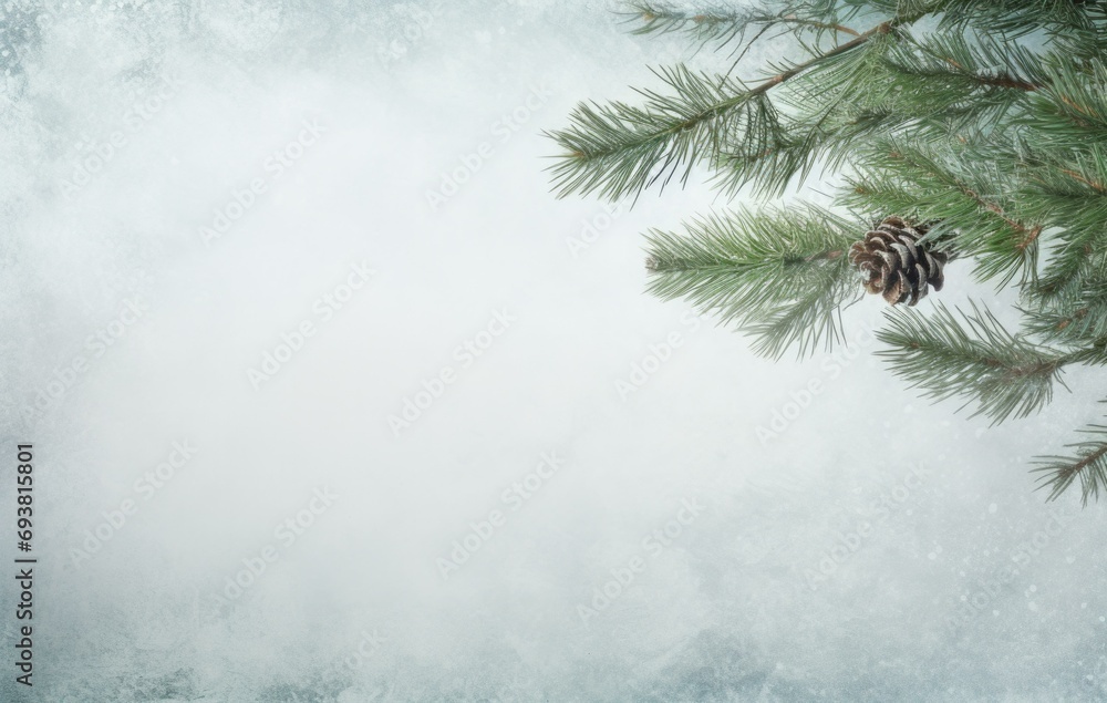 Poster christmas tree branch with pine cone on a snowy background. generative ai.