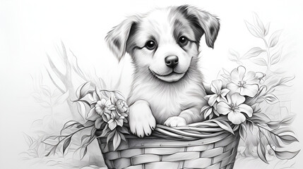 coloring page for children black and white puppy sitting in a basket - obrazy, fototapety, plakaty