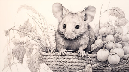 black and white children's coloring book mouse vole in a basket with grain and berries - obrazy, fototapety, plakaty