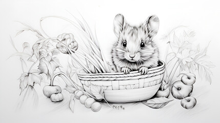 black and white children's coloring book mouse vole in a basket with grain and berries