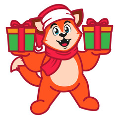 a Cute Fox in a santa Hat and Scarf Holding Christmas Gift