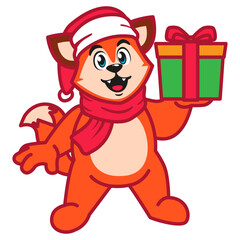a Cute Fox in a santa Hat and Scarf Holding Christmas Gift