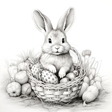 Easter black and white children's coloring book with the image of the Easter bunny and Easter eggs