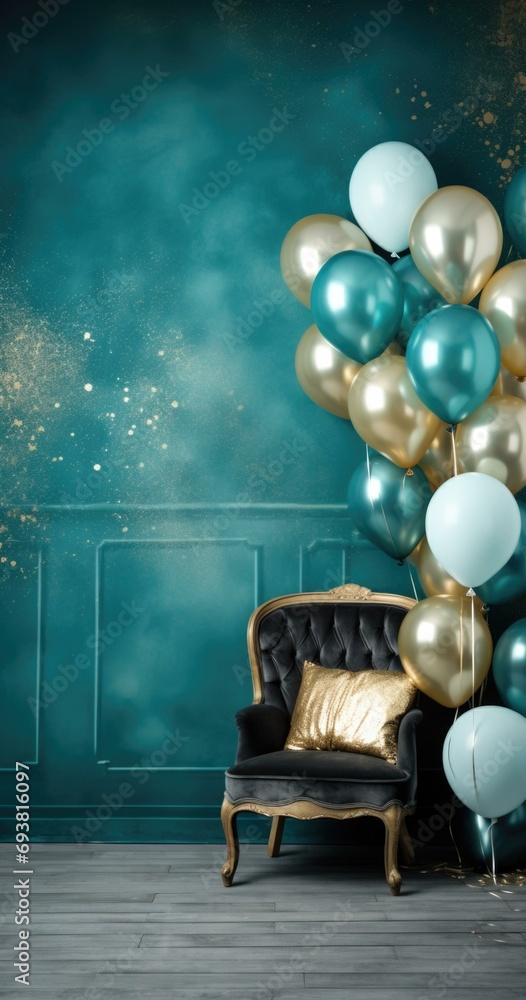 Wall mural Gold and teal balloons in a room with a black chair. Generative AI.