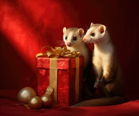 Fototapeta na wymiar Two ferrets are sitting next to a gift box. Generative AI.