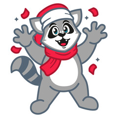 a raccoon wearing a santa hat and scarf
