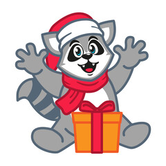Cartoon raccoon in a red scarf and a santa hat with christmas gifts