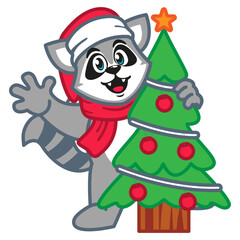 Cartoon raccoon in a red scarf and a santa hat with christmas tree