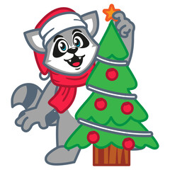 Cartoon raccoon in a red scarf and a santa hat with christmas tree