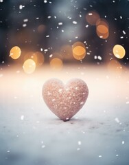 Obraz premium Heart shaped sugar cube on snow covered ground with blurred background. Generative AI.