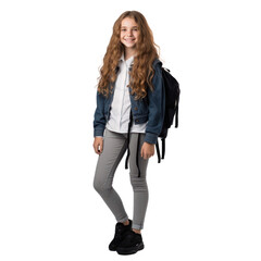 13 years old girl student wearing backpack on transparency background png full body pose portrait 