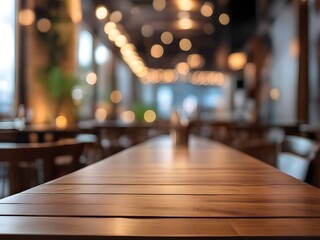  photo wooden table and blurred background of outdoor restaurant with bokeh light 
 