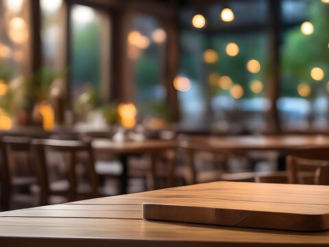  photo wooden table and blurred background of outdoor restaurant with bokeh light 
 
