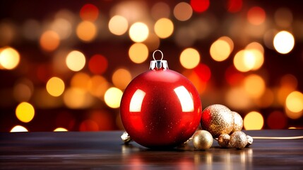 Christmas background with Christmas balls, gifts with bokeh effect.  AI generated.