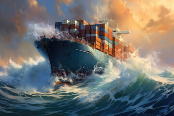 Container Cargo freight ship in the storm sea Ai generator - obrazy, fototapety, plakaty