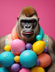 A gorilla holds multicolored balls, wearing a vibrant outfit against a pink backdrop.