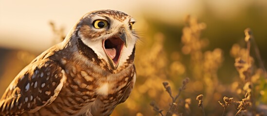 Yawning Burrowing Owl in Patagonia, Argentina.