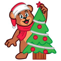a Cute Teddy Bear Wearing a Christmas Hat and Scarf  with christmas tree