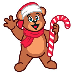 Fototapeta premium a Cute Teddy Bear Wearing a Christmas Hat and Scarf Holding a Candy Cane