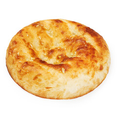 Round bread with garlic, flatbread on a white background, isolated