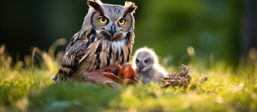 A newborn owl is beside its mother, eating meat in the grass.