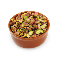 Peeled pistachio nut, plate
on a white background, isolated