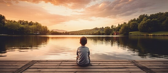 Child sitting on wooden pier, enjoying summer evening at lake during sunset. - obrazy, fototapety, plakaty