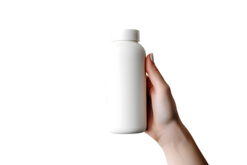 Female hand holding White empty shampoo bottle mock up  branding mockup isolated on transparent background