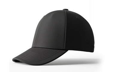Side view of a sleek black baseball cap on a white background