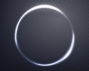 Silver magic ring with glowing. Neon realistic energy flare halo ring. Abstract light effect on a dark transparent background. Vector illustration. - obrazy, fototapety, plakaty