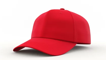 Poster Vibrant red baseball cap mockup on a white background, ideal for branding © Vagengeim