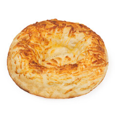 Round bread with cheese, flatbread on a white background, isolated
