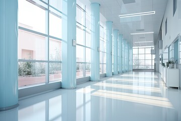 Modern empty interior. Bright and clean business hallway with urban design glass windows and blurred perspectives offering welcoming and open space for various purposes
