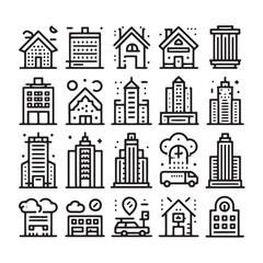 Fototapeta premium Buildings Icons Set - Residential and Commercial Structure Glyph Symbols Minimallest building logo black and white 