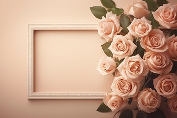 Romantic vintage frame with beautiful roses. Border with beautiful spring or summer border. Greeting card template, invitation or postcard for wedding, birthday, valentine, woman and mother day