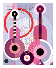 Poster design template with guitars and abstract geometric shapes. Modern art vector collage, creative mix of objects and design elements.