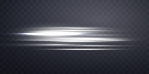 Silver horizontal lensflare. Light flash with rays or spotlight and bokeh. Silver glow flare light effect. Vector illustration. Isolated on dark transparent background.