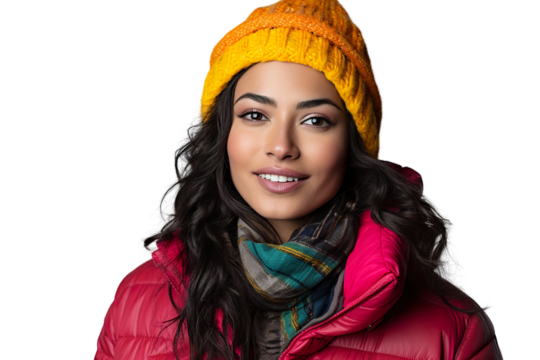 portrait photography of a beautiful Indian woman wearing bright colored puffer jacket and knitted hat, isolated on white background